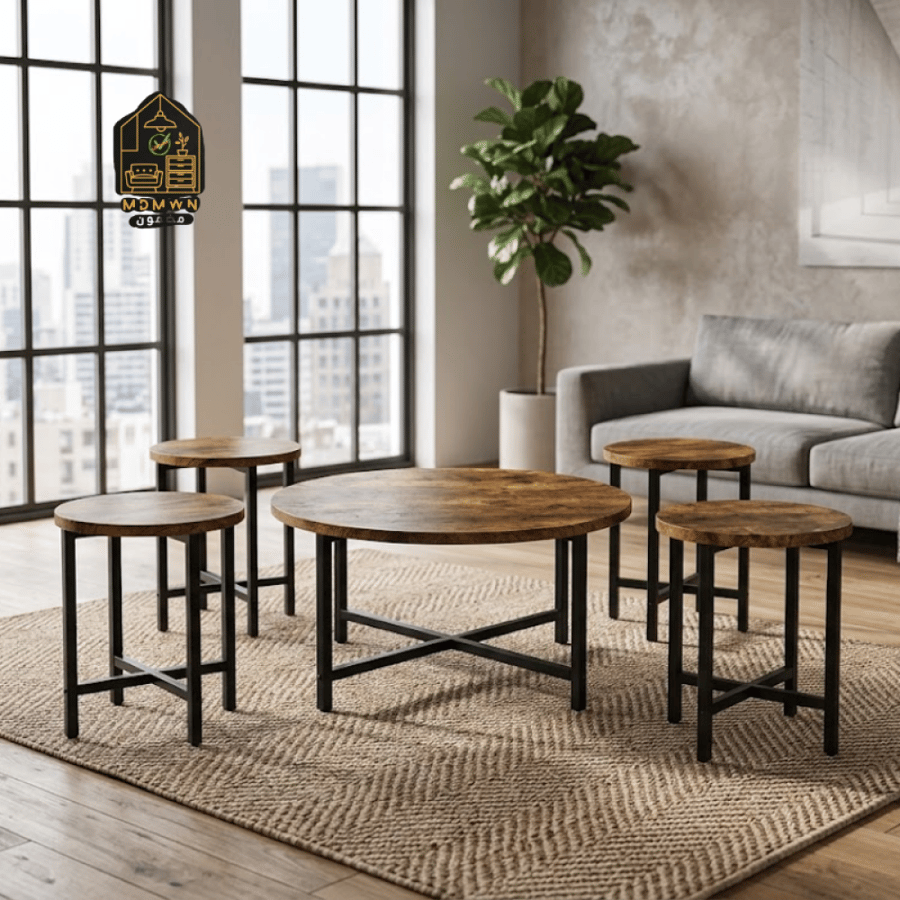 Round wooden tea table set in various colors