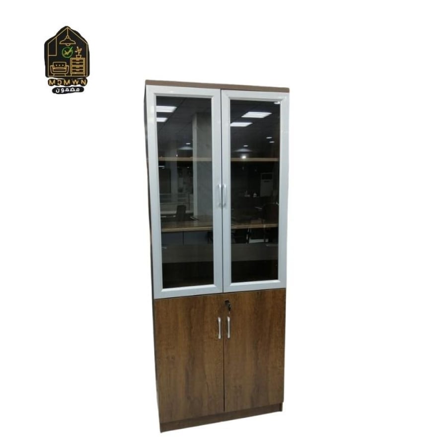 Office filing cabinet with a glass and wood design