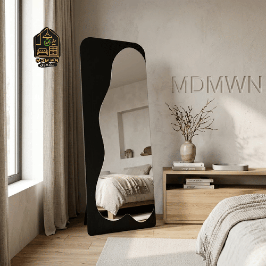 Standing mirror with brown wooden frame and wave design