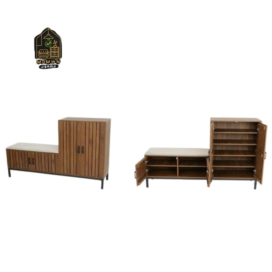 Brown shoe cabinet with seating area