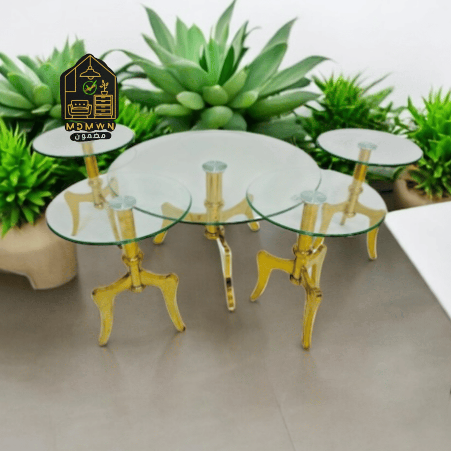 Luxury design curved gold base glass table set