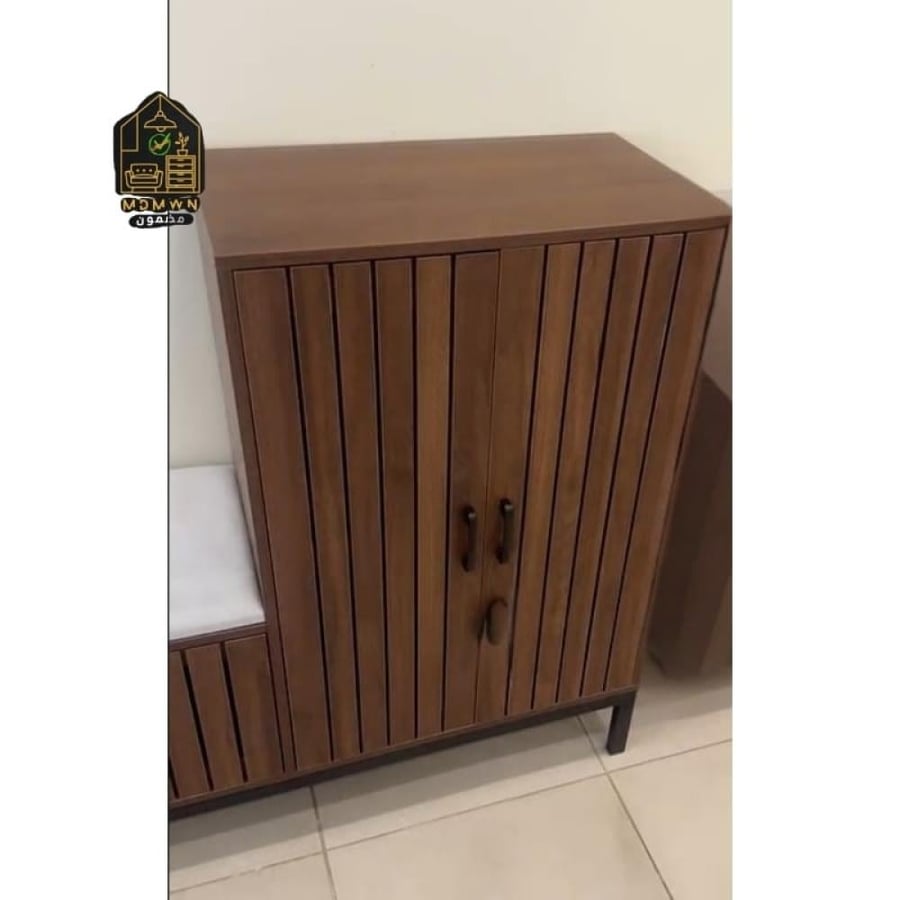 Brown shoe cabinet with seating area