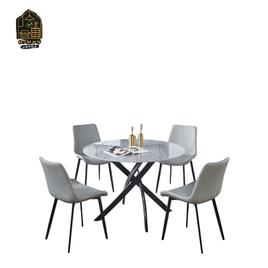 A modern dining table with chairs of various sizes.