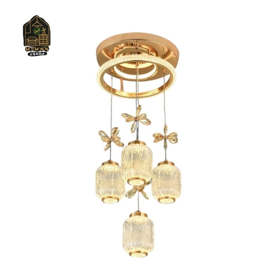 A luxurious chandelier with wavy glass and crystal flowers