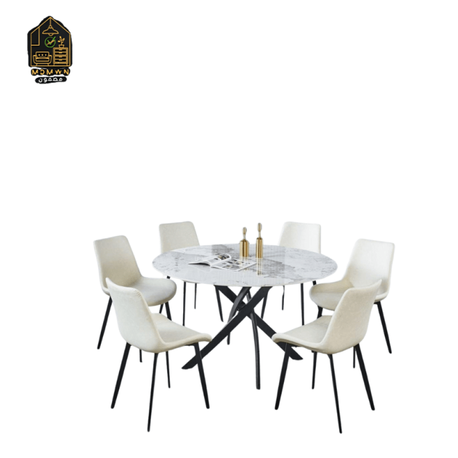 A modern dining table with chairs of various sizes.