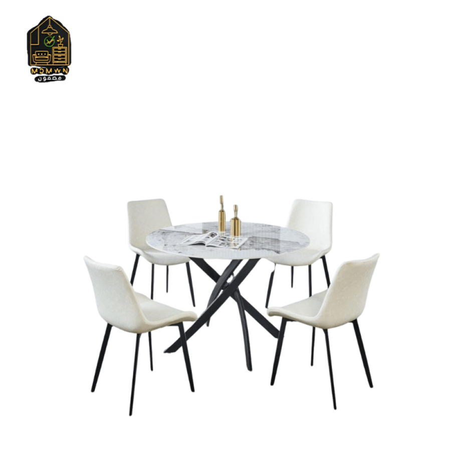 A modern dining table with chairs of various sizes.