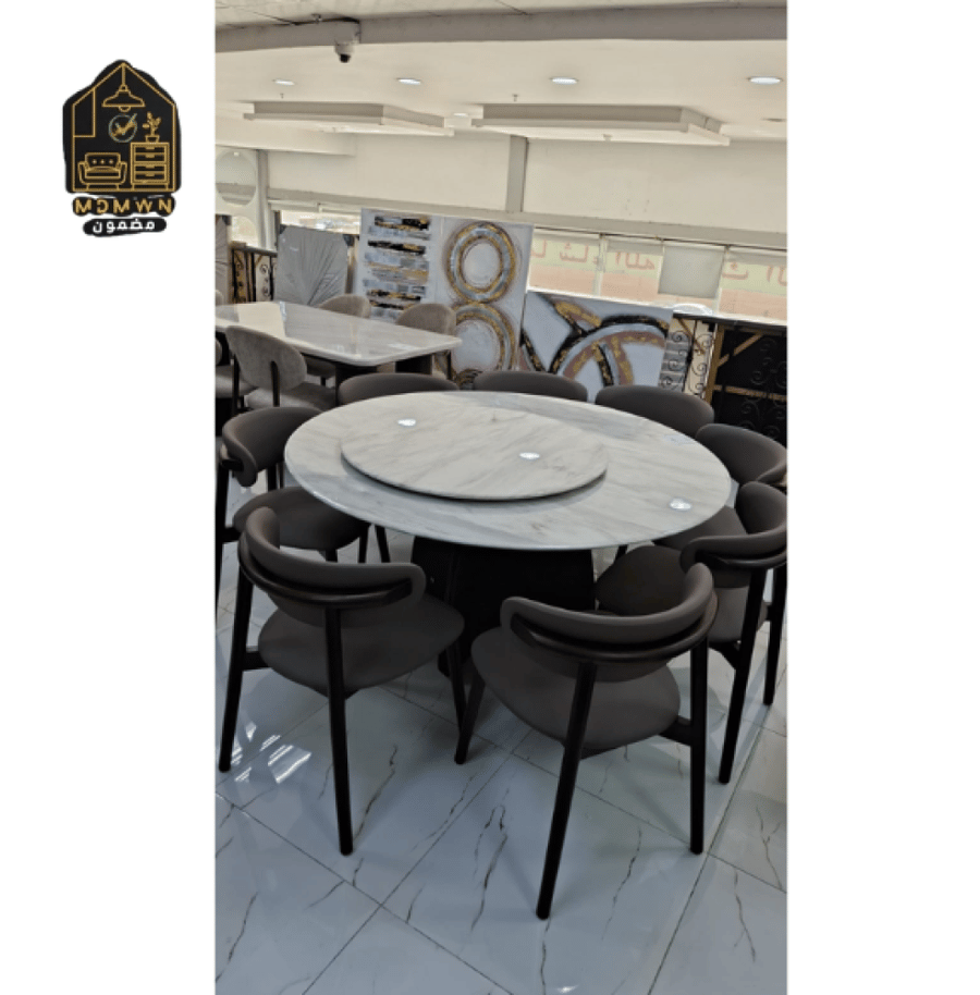 Round marble dining table with 8 chairs, 150 cm