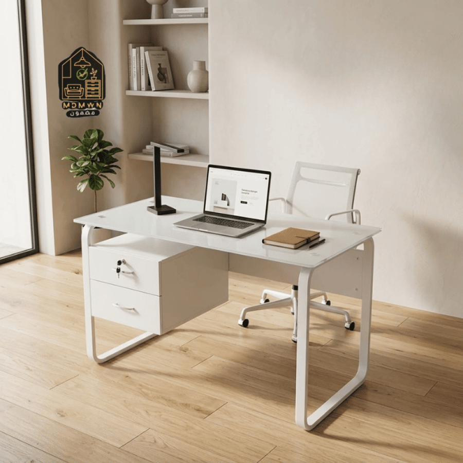 Modern desk with storage drawers in bright white, 140cm