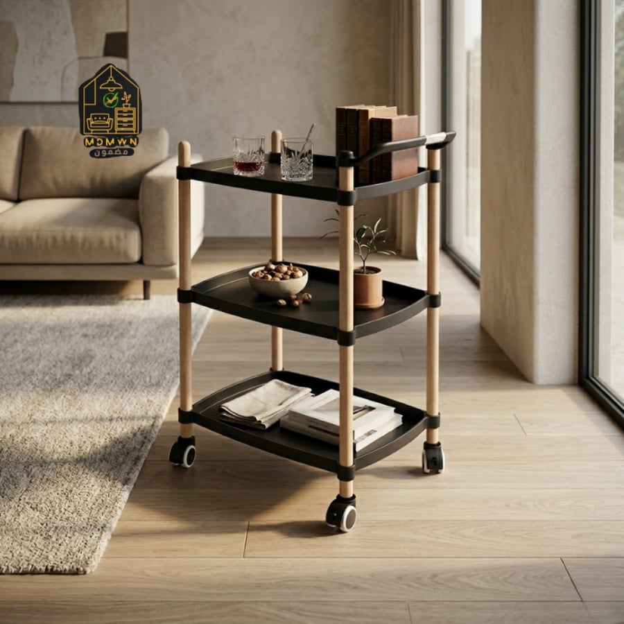 3-Tier Mobile Serving Cart, Wooden and White Model