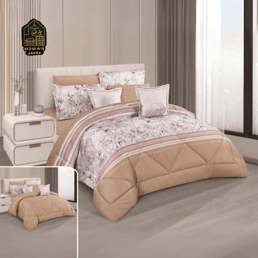8-piece double comforter set (elegant pink and beige design)