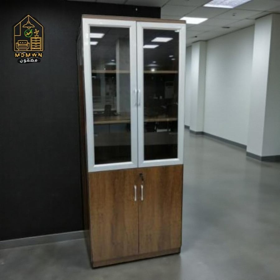 Office filing cabinet with a glass and wood design