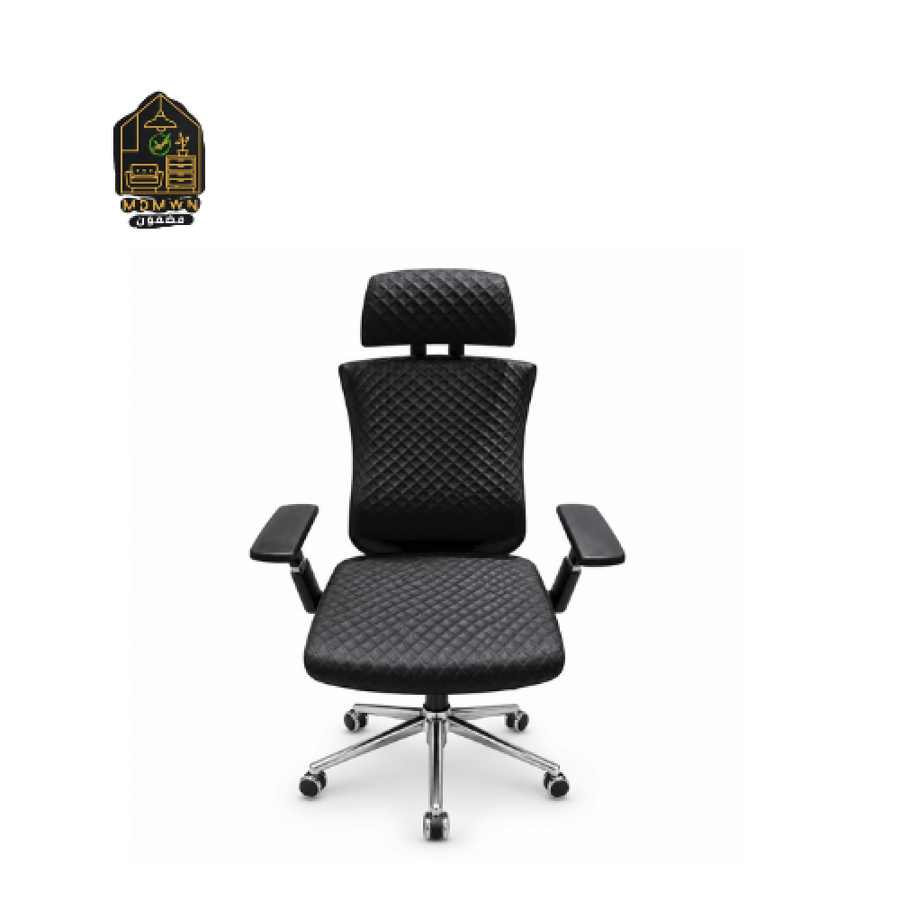 كرسي مكتب جلد أسود ظهر عالي بتنجيد مبطن ومسند رأس