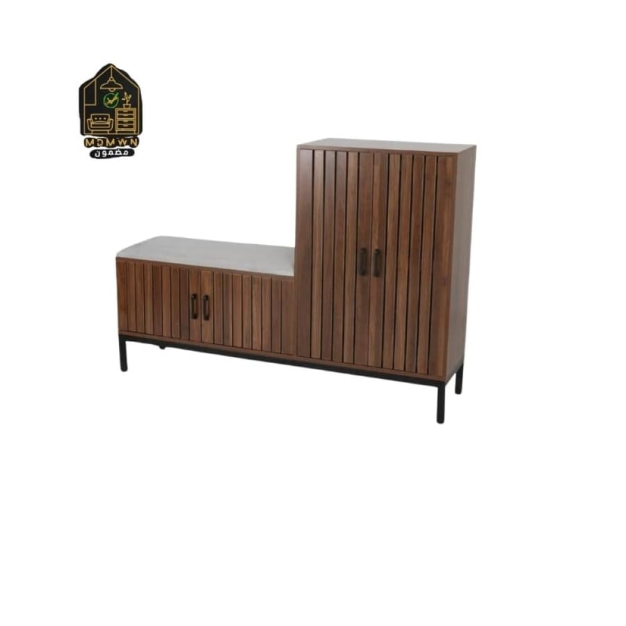 Brown shoe cabinet with seating area