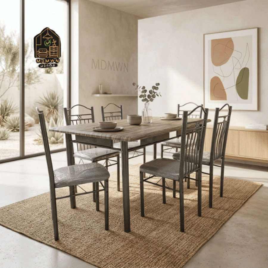 طقم طاولة طعام بـ6 كراسي بتصميم معدني وخشب عملي