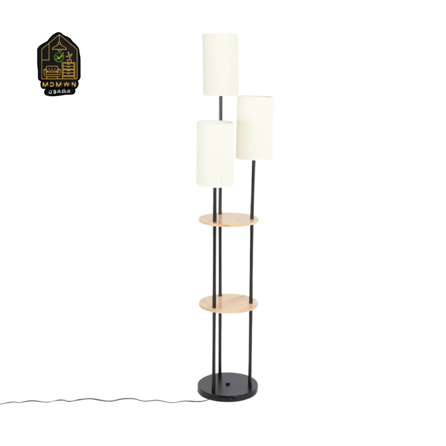Three-light floor lamp with wooden shelves - a versatile decorative touch