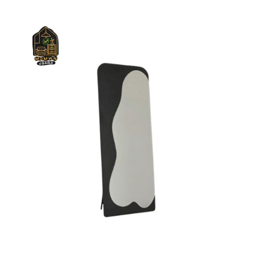 Standing mirror with brown wooden frame and wave design