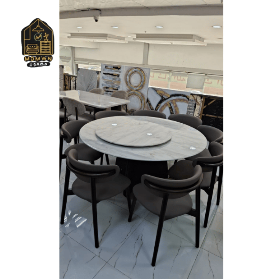 Round marble dining table with 8 chairs, 150 cm