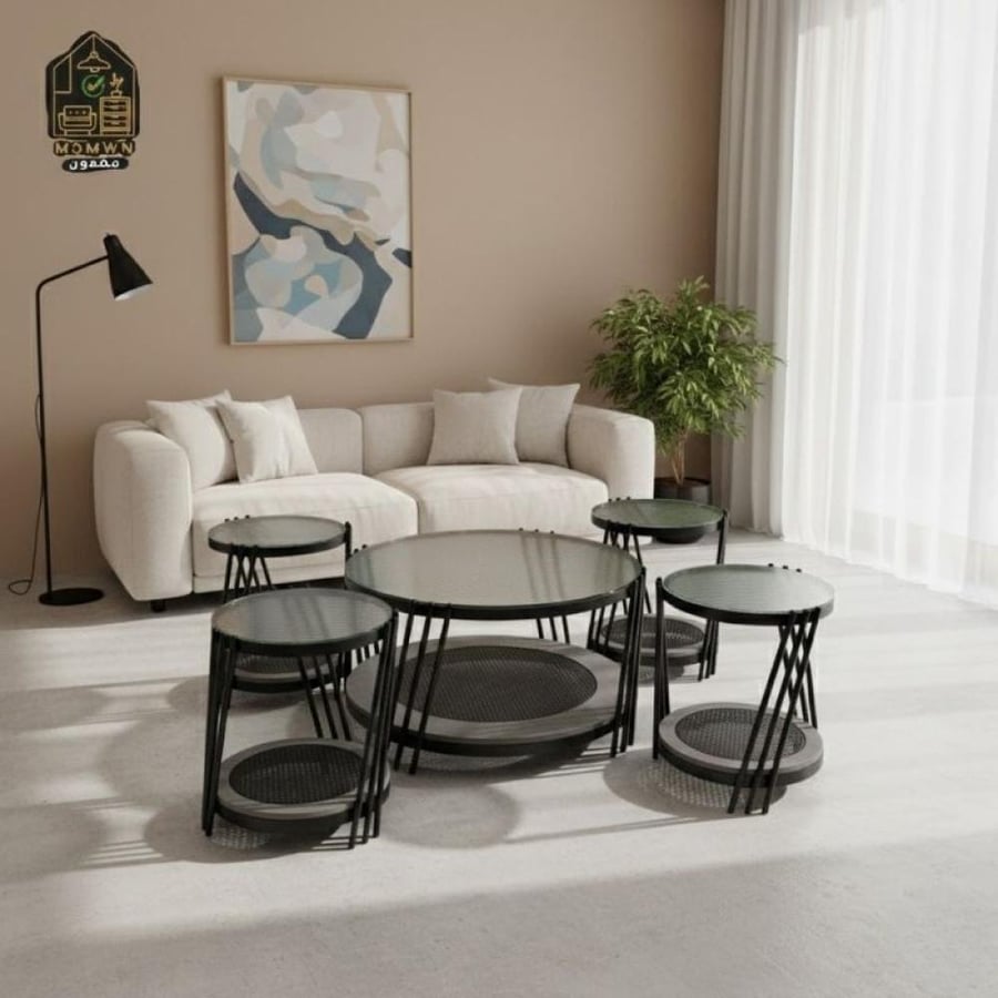 Glass Coffee Table Set - Main Table with 4 Side Tables