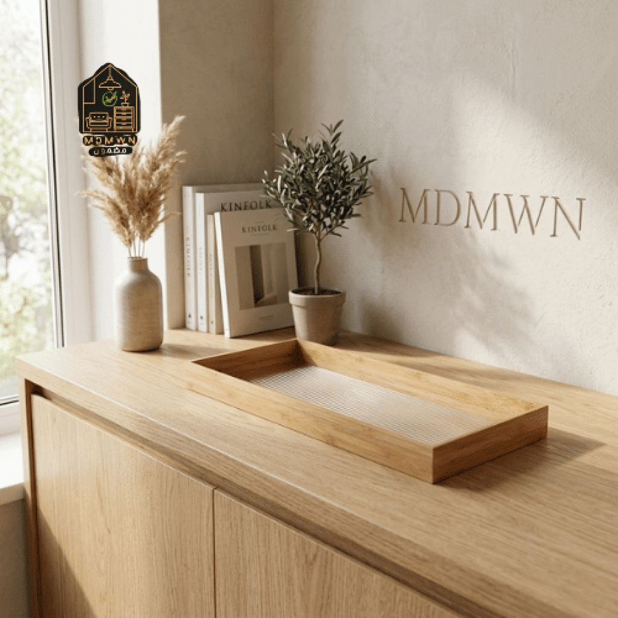Rectangular serving tray with a natural wood frame - a touch of warmth and elegance