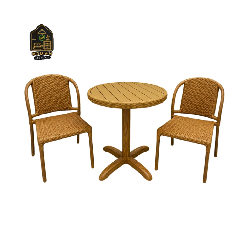 Outdoor table with two brown rattan chairs