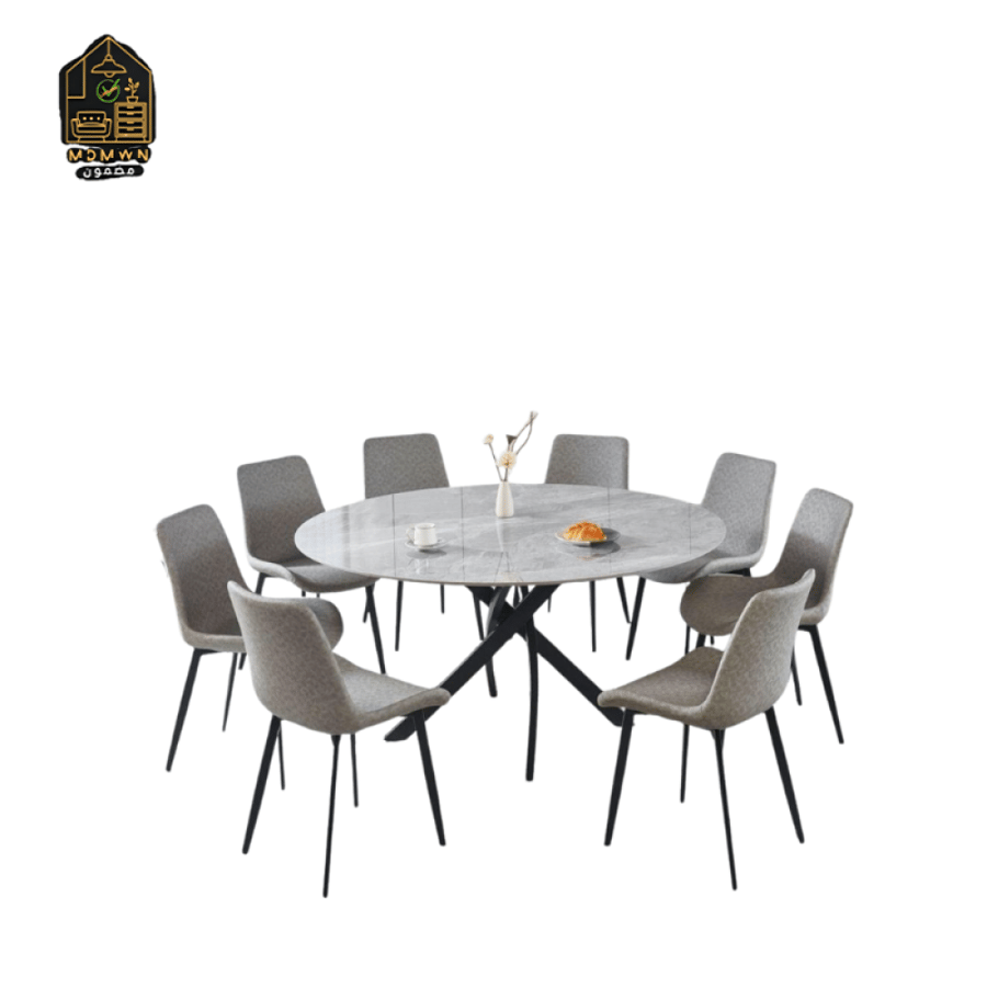 A modern dining table with chairs of various sizes.