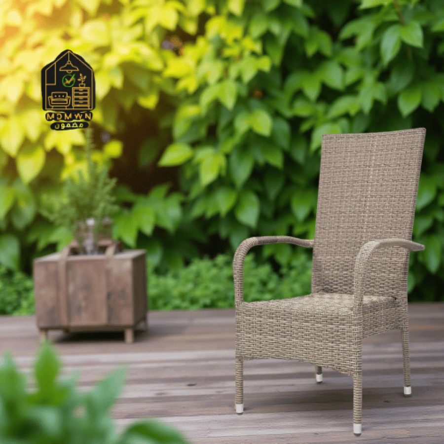 High-back outdoor seating chair with faux rattan material