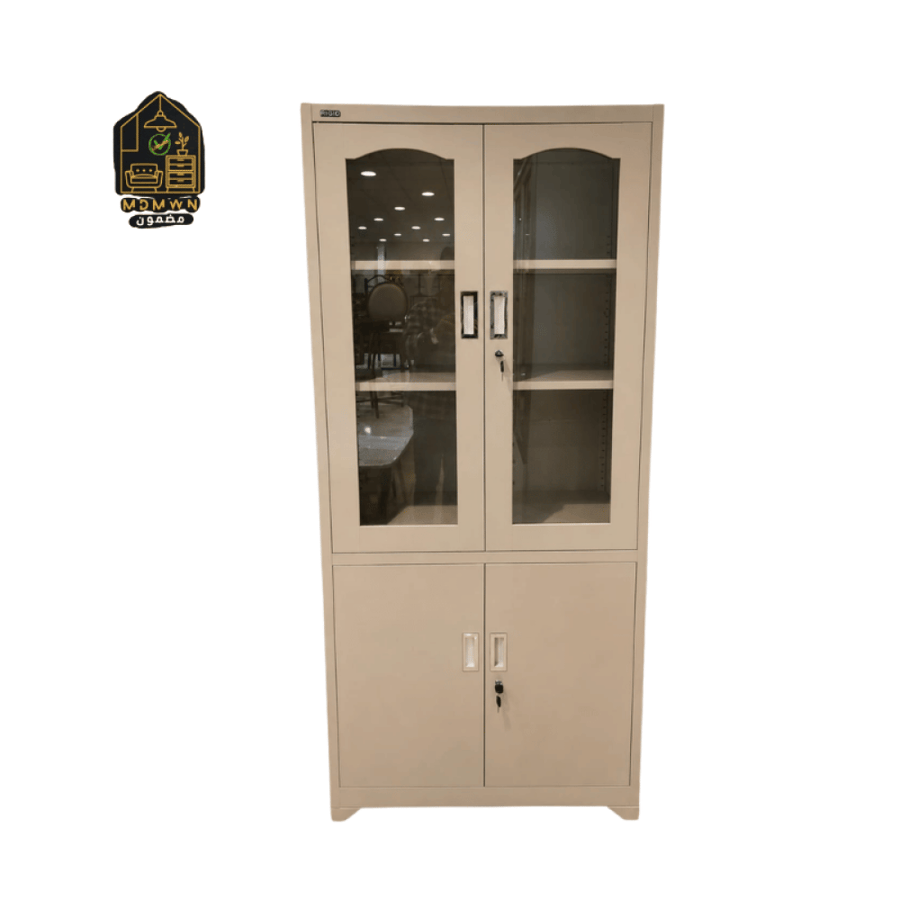 Metal filing cabinet with glass doors and security lock
