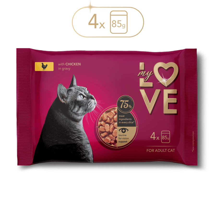ماي لوف - MyLove - مجموعة اظرف طعام رطب للقطط بالدجاج في المرق 4*85 جرام
