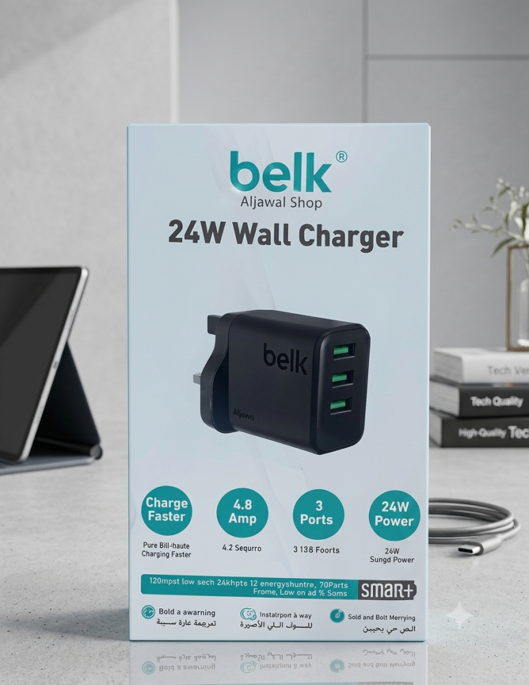 شاحن جداري بلك 24 واط / Belk 24W Wall Charger (يأتي بـ 3 منافذ USB).