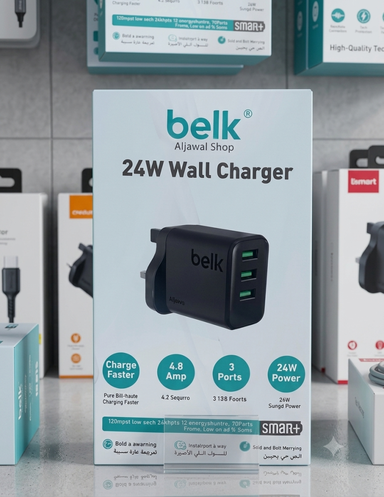 شاحن جداري بلك 24 واط / Belk 24W Wall Charger (يأتي بـ 3 منافذ USB).