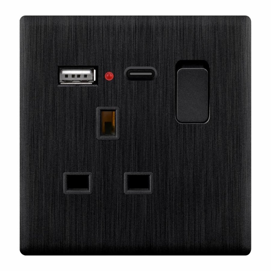 فيش كهرباء 13 أمبير مع USB وType-C أسود بيانو مخشب مقاس 7×7 سم