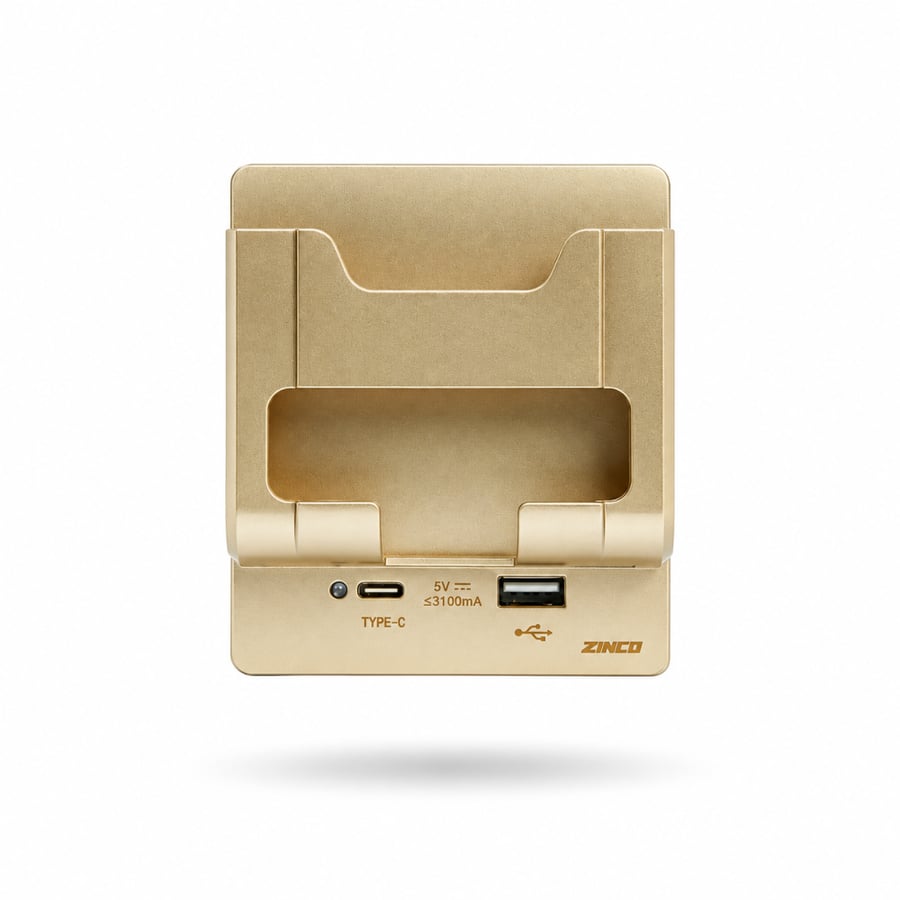فيش شحن ذهبي USB وType-C مع حامل جوال