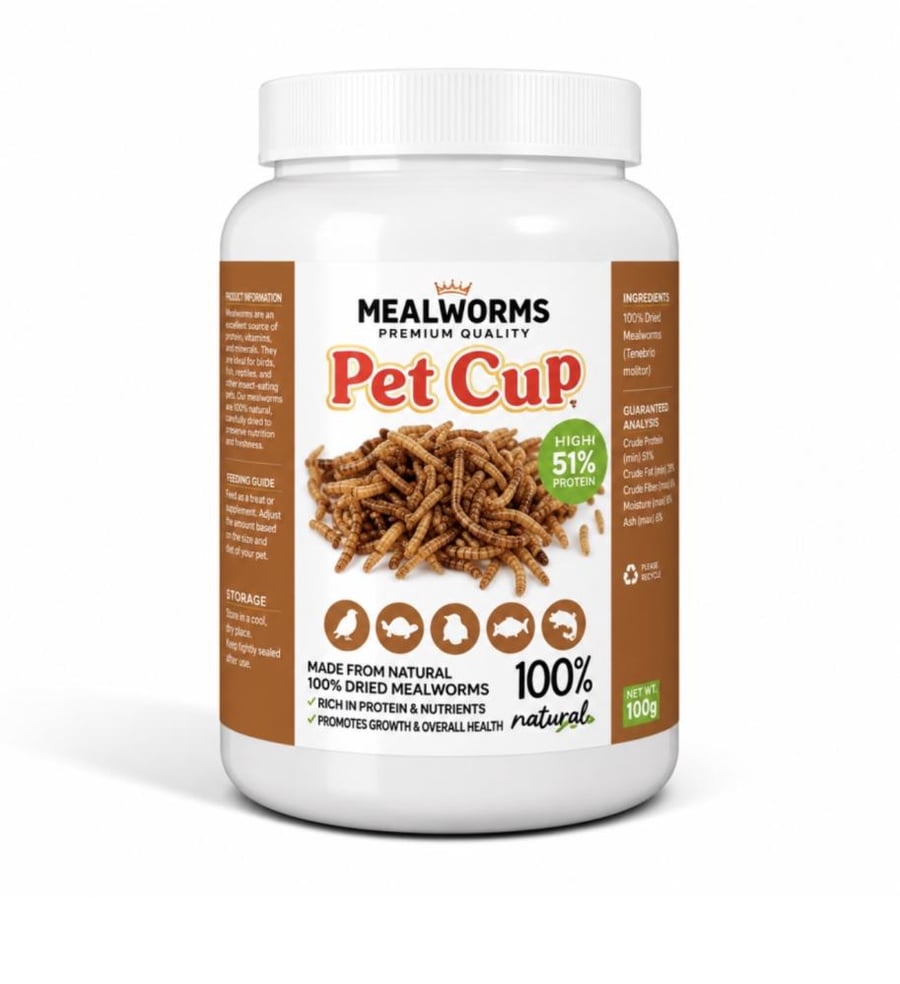 ديدان ميلورم مجففة "بيت كب" Pet Cup، (100 جرام)