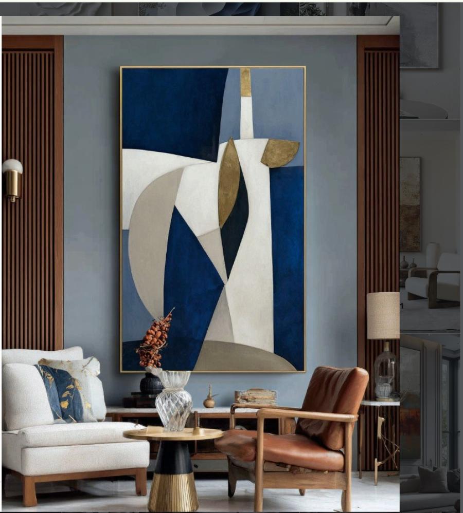 A modern abstract painting with an elegant geometric composition, combining deep blue, soft white, and golden touches that add a sense of luxury and sophistication.