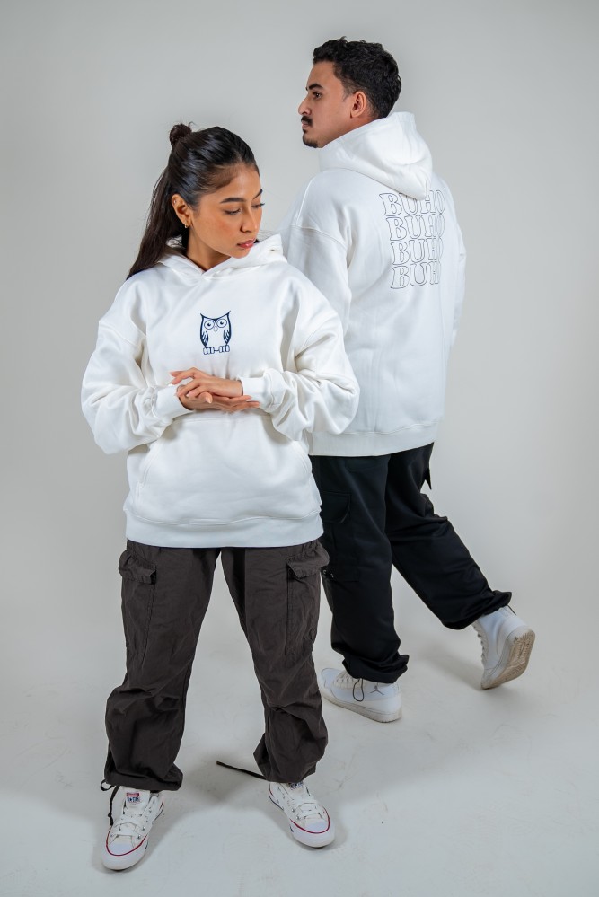 BUHO WHITE COTTON BLEND UNISEX HOODIE