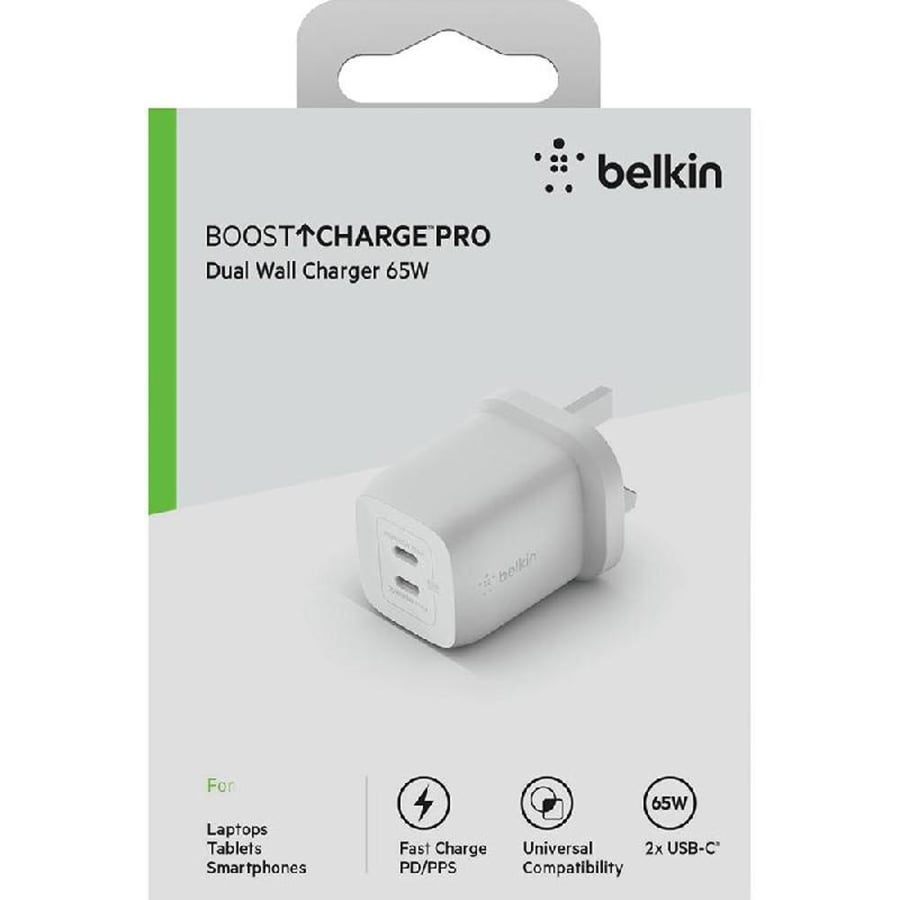 بيلكن Boost CHARGE Pro شاحن جداري مزدوج USB‎-‎C GaN مع PPS ‎65‎ واط