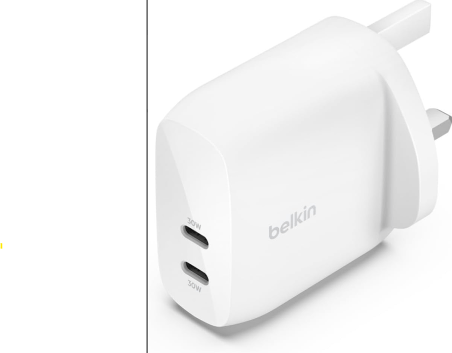 شاحن حائط بمنفذين USB-C بطول 60 واط أبيض بيلكين BoostCharge Pro Dual USB-C Wall Charger with PPS 60W Belkin