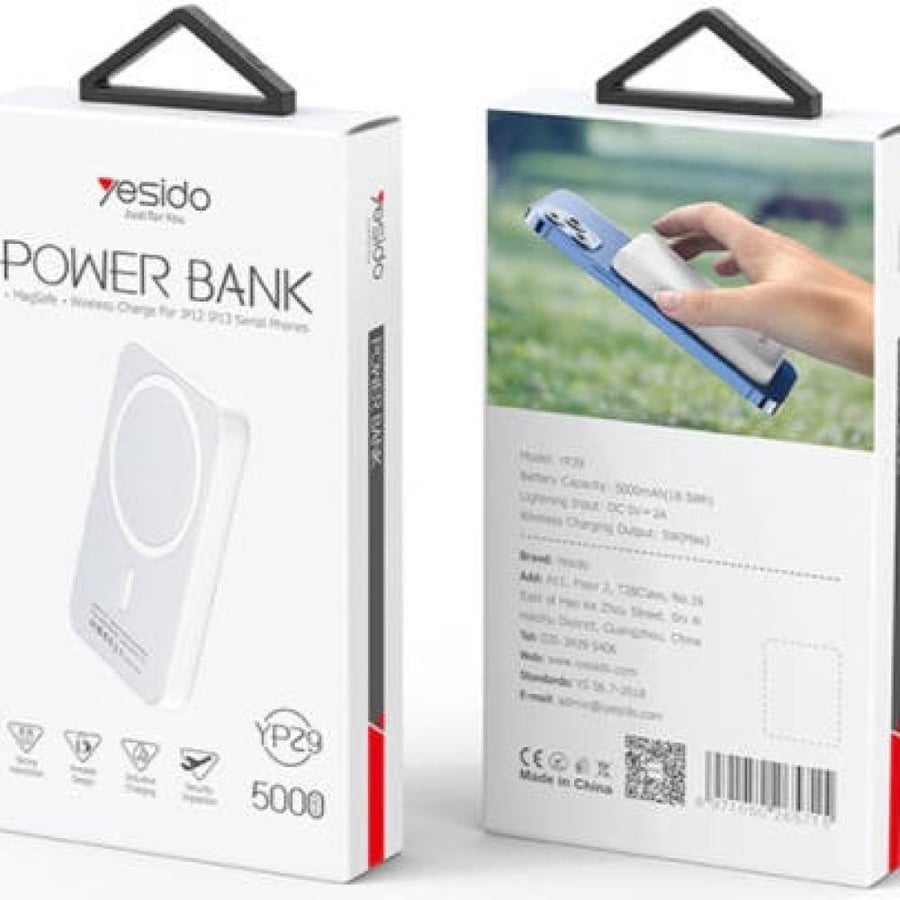 بنك الطاقة Yesido YP29، شفط مغناطيسي قوي، متوافق مع Magsafe، شحن لاسلكي بقوة 5 وات، منفذ شحن لاسلكي + Type-C، أقصى خرج إجمالي 10 وات، سعة 5000 مللي أمبير،