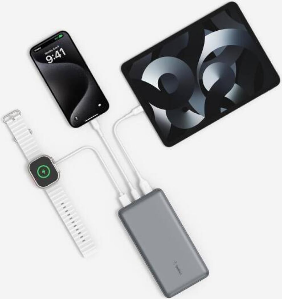شاحن محمول Belkin USB C بسعة 20000 مللي أمبير في الساعة، بنك طاقة 20 كيلو مع منفذ إدخال وإخراج USB من النوع C ومنفذي USB A مع كابل USB C إلى A متضمن لأجهزة iPhone وGalaxy وPixel وiPad وAirPods والمزيد