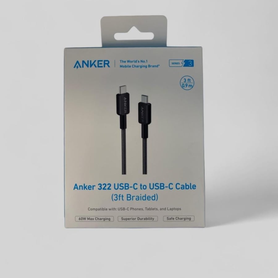 سلك شاحن أنكر 322 USB-C إلى USB-C (3ft Braided) (طول 0.9 متر - جديلة متينة)