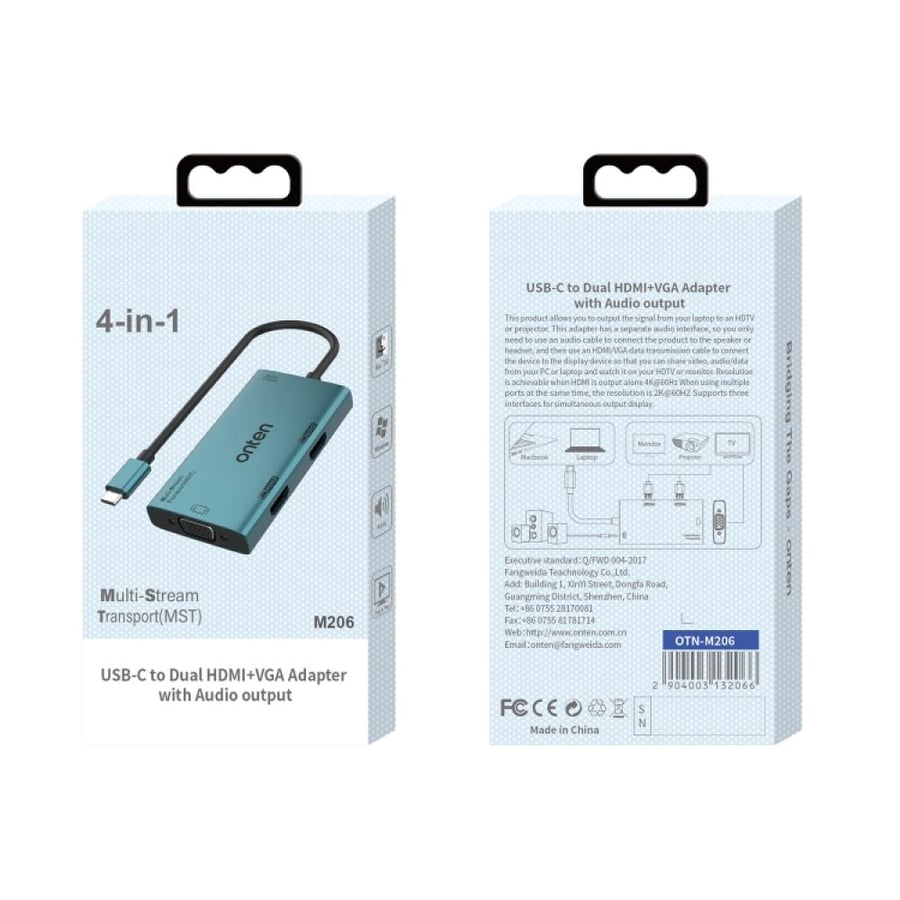 ‏Onten OTN-M206: محول USB-C إلى HDMI مزدوج + VGA مع إخراج صوت