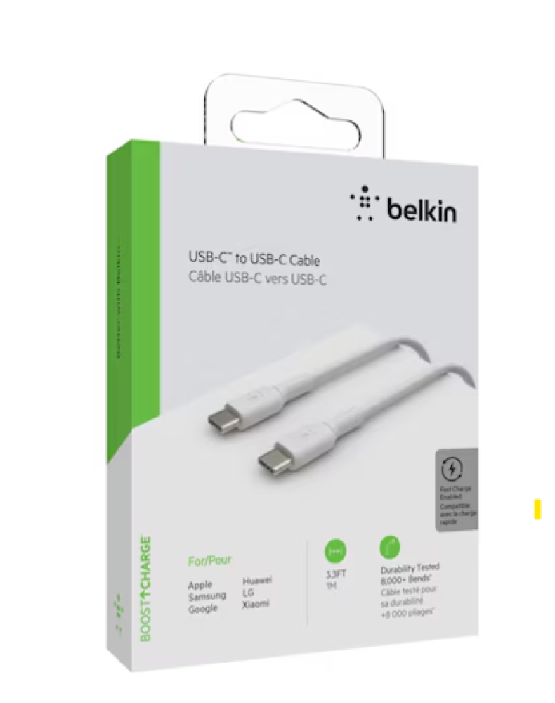 بيلكين - كابل USB-C إلى USB-C، بطول 1 متر، شحن سريع أبيض