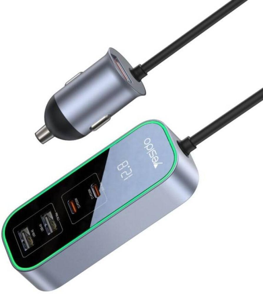 شاحن سيارة ممتد من Yesido Y53 بخمسة منافذ و97 وات، 3 منافذ USB و2 منافذ USB-C، وشاشة LED لقياس الجهد، وضوء تنفس، وممتد بطول 1.5 متر