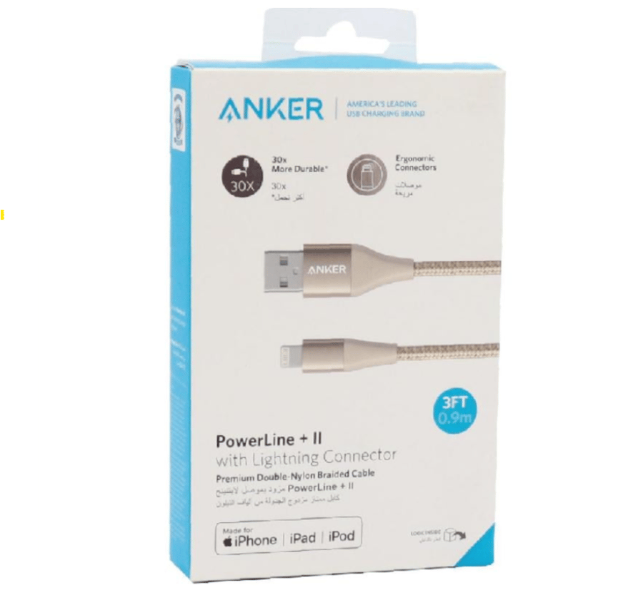 سلك شاحن أنكر PowerLine+ II USB-A إلى Lightning (طول 0.9 متر - لون ذهبي - مضفر مزدوج Nylon)