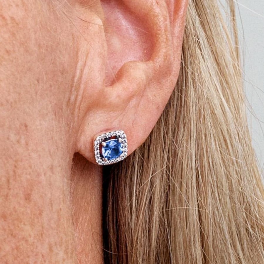 Sparkling Square Blue Halo Stud Earrings
