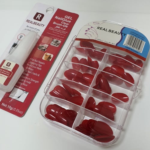 مجموعة اظافر اصطناعية 100 حبه , احمر غراء اظافر هديه