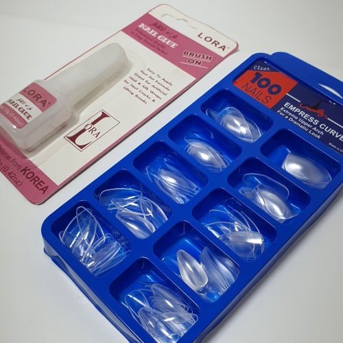 مجموعة اظافر اصطناعية 100 حبه , شفاف غراء اظافر هديه