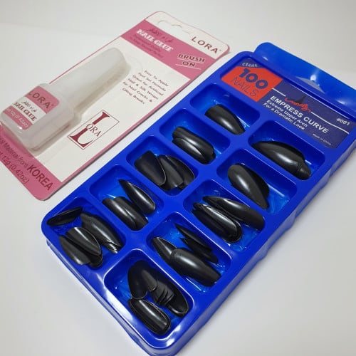 مجموعة اظافر اصطناعية 100 حبه , اسود غراء اظافر هديه