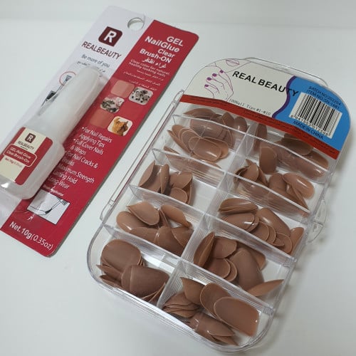 مجموعة اظافر اصطناعية 100 حبه , لحمي غراء اظافر هديه