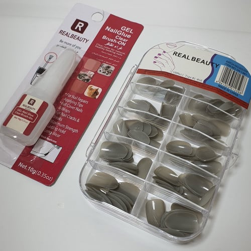 مجموعة اظافر اصطناعية 100 حبه , رصاصي غراء اظافر هديه